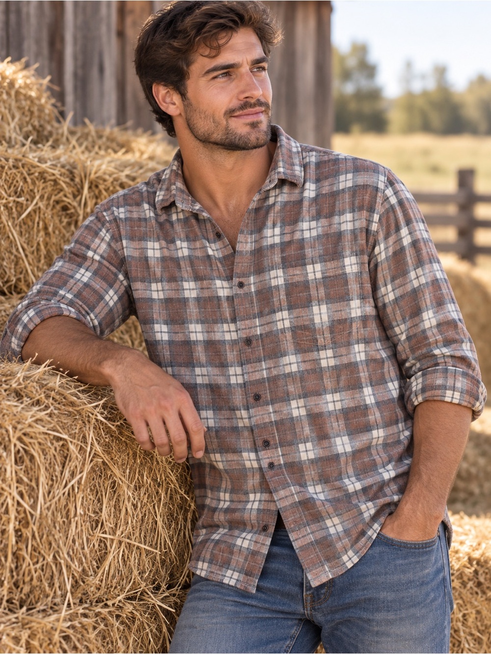 ROWM Men's Plaid Casual Button-Down Shirt in Brown 100% cotton